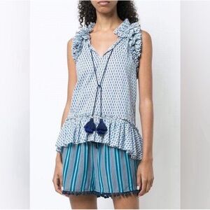 FIGUE Fabiana Ruffle Tassel Bohemian Print V-neck Blouse Size XS in Blue Cotton